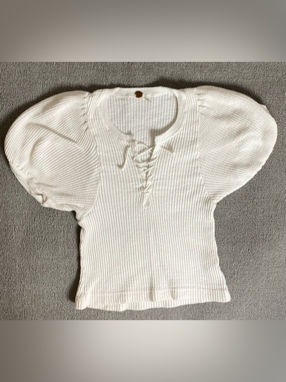 Free People 100% Cotton Boho Ribbed Lace-Up Short Statement Puff Sleeve Top